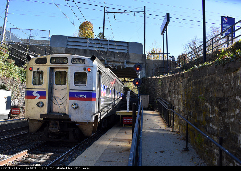 Septa Silverliner IV Car # 308 trailing on Train # 3218 out of Media Station 